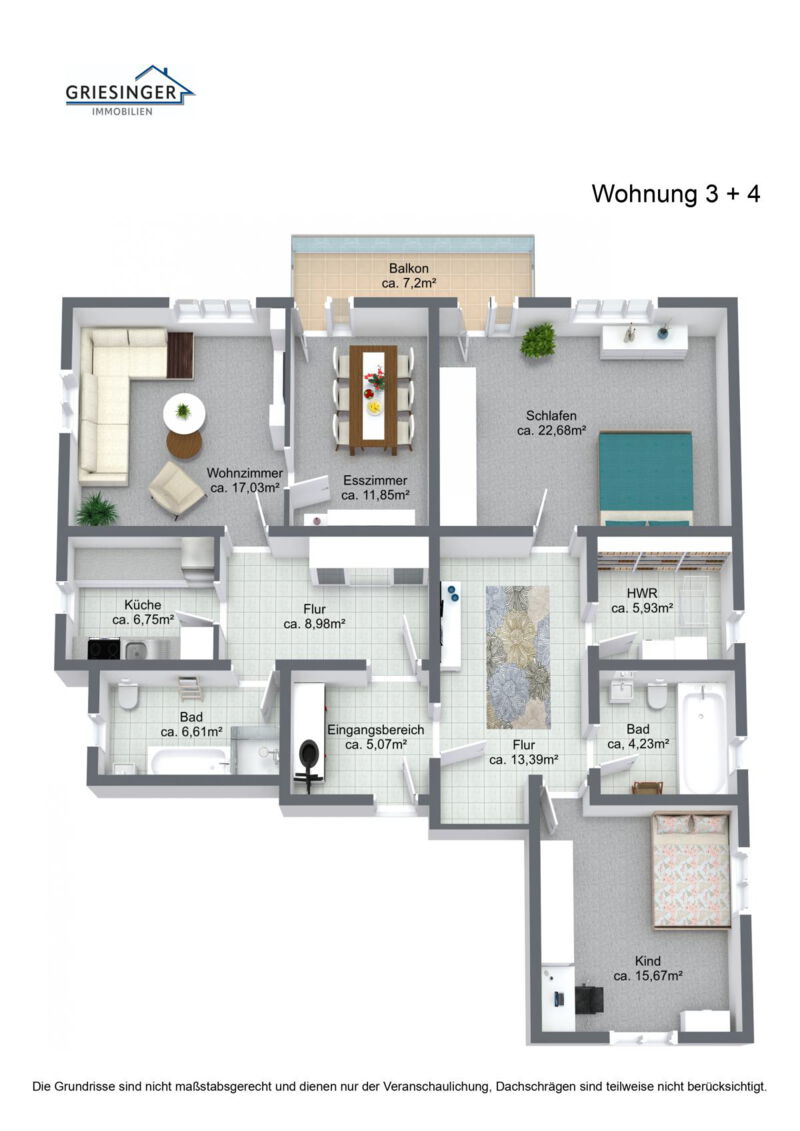 Wohnung 3 + 4 - 3D Grundriss